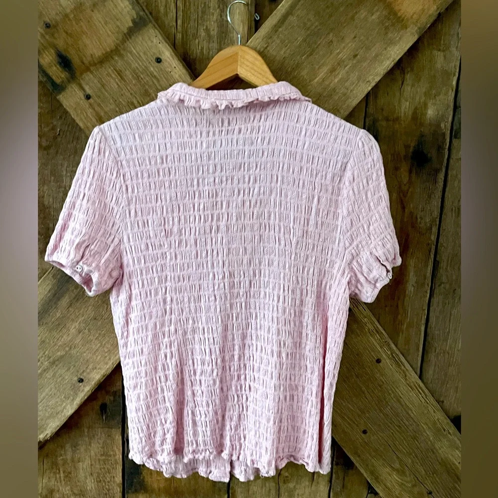 PINK BUTTON DOWN SHORT SLEEVE PETER PAN COLLAR SHIRT - Picture 4 of 5